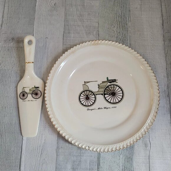 Harker Ware Pottery Made USA Antique Cars Vtg Cake Plate & 6 Dessert Plates - Picture 2 of 8